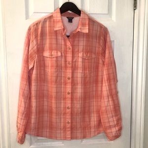 Eddie Bauer moisture wicking button up shirt, light orange plaid, medium